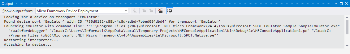Micro Framework Device Deployment output window