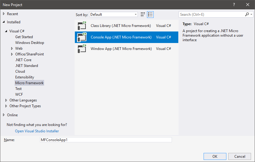 Visual Studio 2017 new project dialog with .NET Micro Framework 4.4 templates