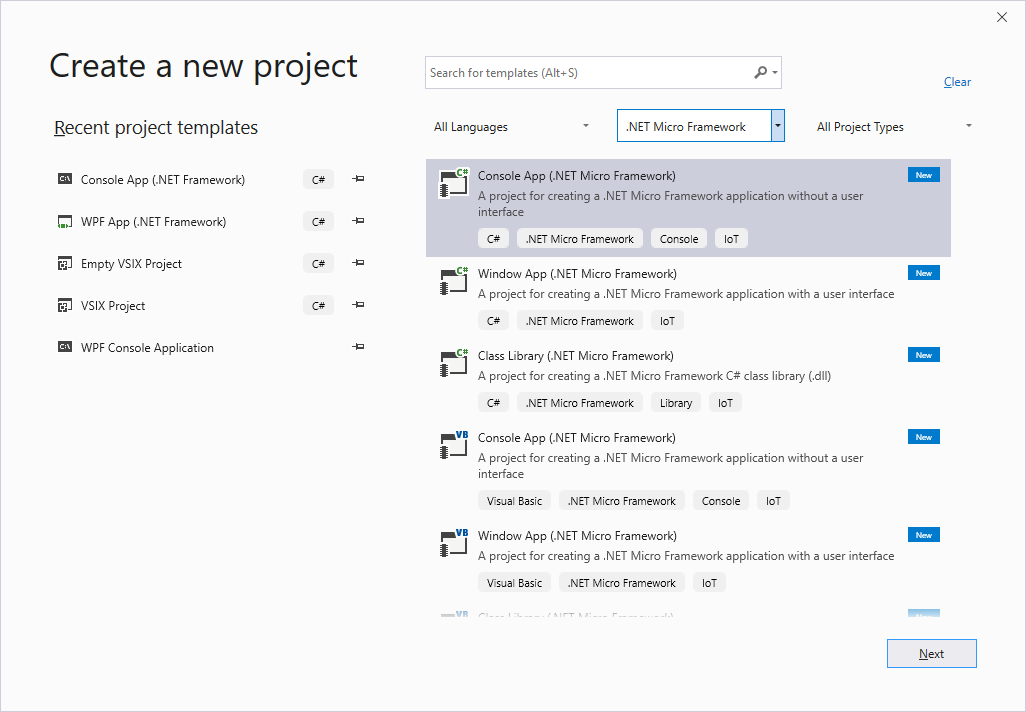 Visual Studio 2019 new project dialog with .NET Micro Framework 4.4 templates