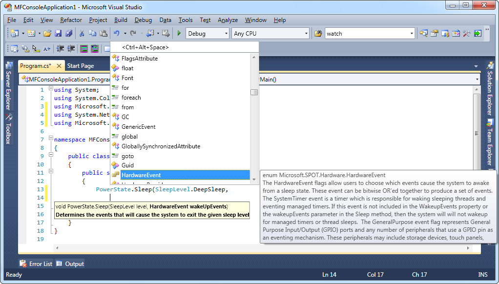 Ukázka Intellisense ve Visual Studiu (MF 4.0 Beta Refresh, VS 2010 Beta 1)